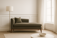 Load image into Gallery viewer, Made in Britain high back chaise longue upholstered detail