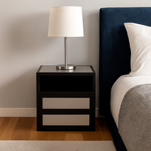 Load image into Gallery viewer, Roxie luxury bespoke bedside table metal laminate detail