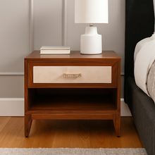 Load image into Gallery viewer, Troburgh luxury bespoke bedside table wood and upholstery