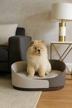 Load image into Gallery viewer, Luxury upholstered dog basket for bespoke interiors