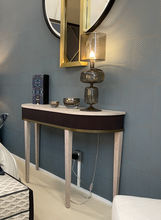 Load image into Gallery viewer, Beaufort Bespoke Luxury Console Table handcrafted in Britain featuring real wood veneer, slatted fascia and curved metal detailing for luxury interior design projects.