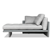 Load image into Gallery viewer, Made in Britain contemporary chaise longue leather and fabric detail