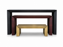 Load image into Gallery viewer, Brennen Bespoke Luxury Console Table handcrafted in Britain featuring elegant minimalist styling and optional fabric inset detailing for luxury interior design projects.
