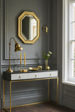 Load image into Gallery viewer, Constable Bespoke Luxury Console Table handcrafted in Britain featuring a show wood top, hand upholstered drawers and real brass legs for luxury interior design projects and sophisticated London living.
