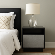 Load image into Gallery viewer, Sequoia luxury bespoke bedside table upholstered detail
