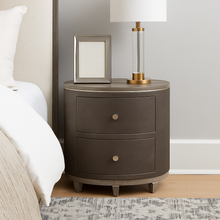 Load image into Gallery viewer, Tomlin luxury bespoke bedside table upholstered rounded design

