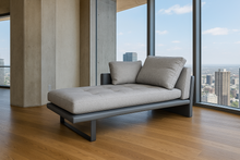 Load image into Gallery viewer, Made in Britain contemporary chaise longue leather and fabric detail

